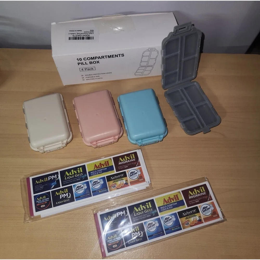 Travel‎ Pill Organizer with Multiple Labels - 10 Compartments (PACK OF 4)~NEW